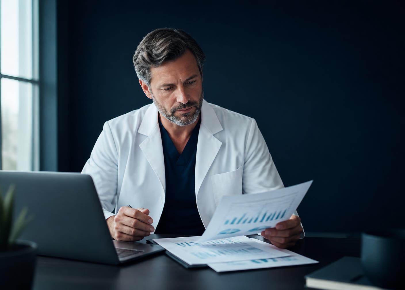 Médico analisando relatórios financeiros do consultório